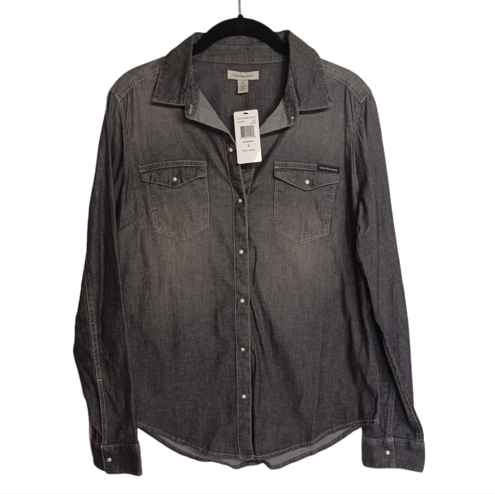 CALVIN KLEIN JEANS Black Gray Chambray Button Front Long Sleeve Top Small NWT